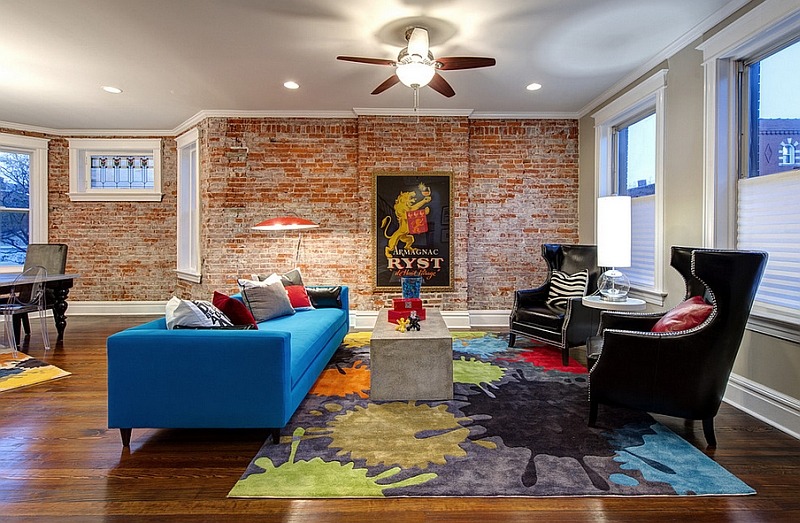Living room with brick wall